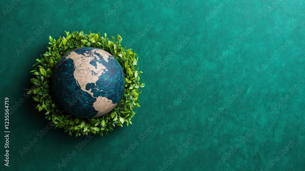 Fototapeta premium Earth Globe Surrounded by Green Leaves on Green Background Concept of Environmental Conservation