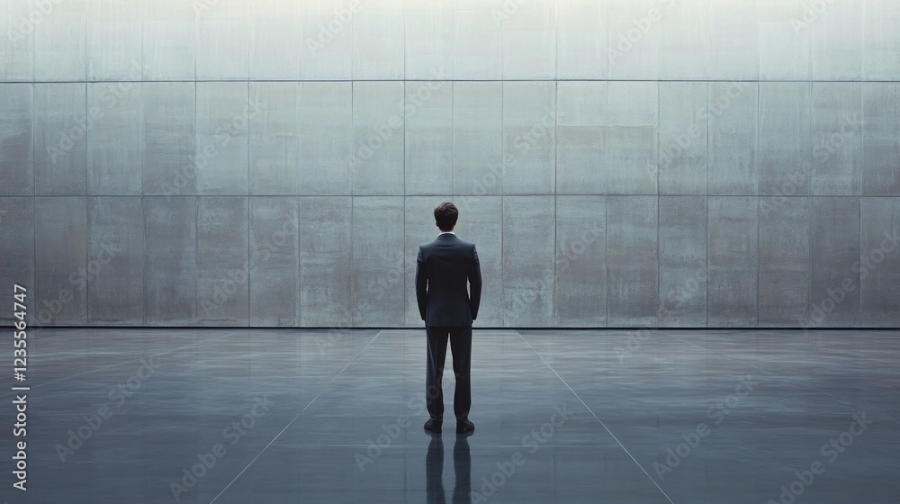 Fototapeta premium Businessman facing large concrete wall, contemplation, modern office, future plans