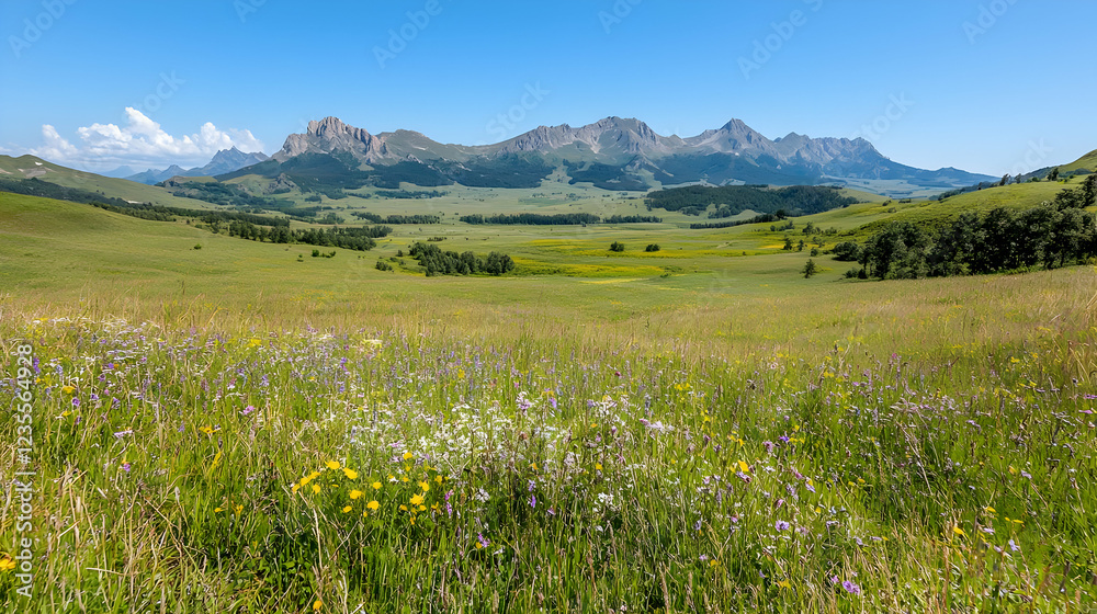 Fototapeta premium Mountain meadow wildflowers summer landscape scenic travel postcard