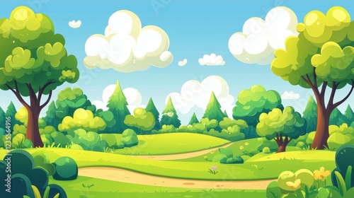 A whimsical sunny day in a vibrant green parkland