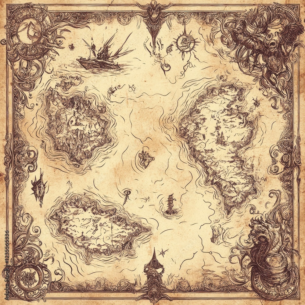 An Ancient Hand Drawn Map Depicting Islands and Ships An Ancient Hand Drawn Map Depicting Islands and Ships