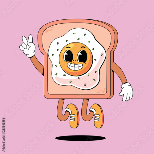 Retro cartoon sunny egg on bread mascot