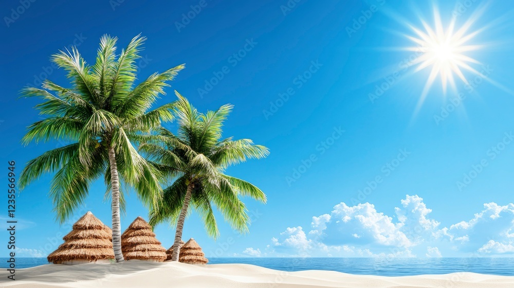 Fototapeta premium Idyllic Tropical Beach Scene with Palm Trees and Thatch Huts