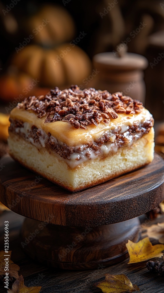 Delicious layered dessert featuring creamy filling and crunchy topping on a rustic wooden stand Delicious layered dessert featuring creamy filling and crunchy topping on a rustic wooden stand