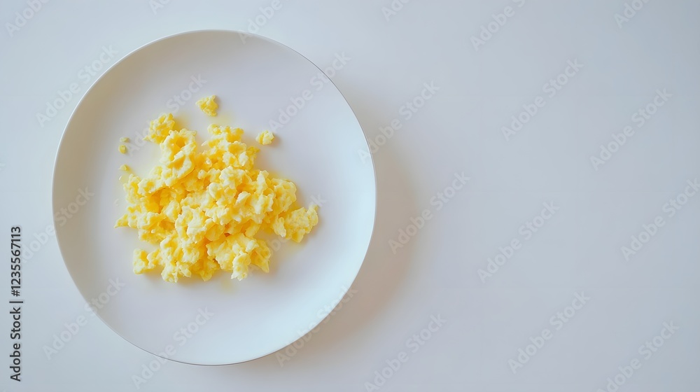 Minimalist Scrambled Eggs on White Plate, Modern Food Photography Minimalist Scrambled Eggs on White Plate, Modern Food Photography