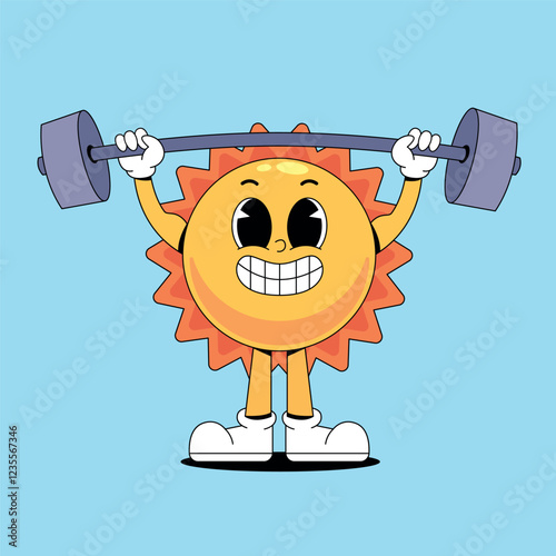 Cartoon happy sun weightlifting