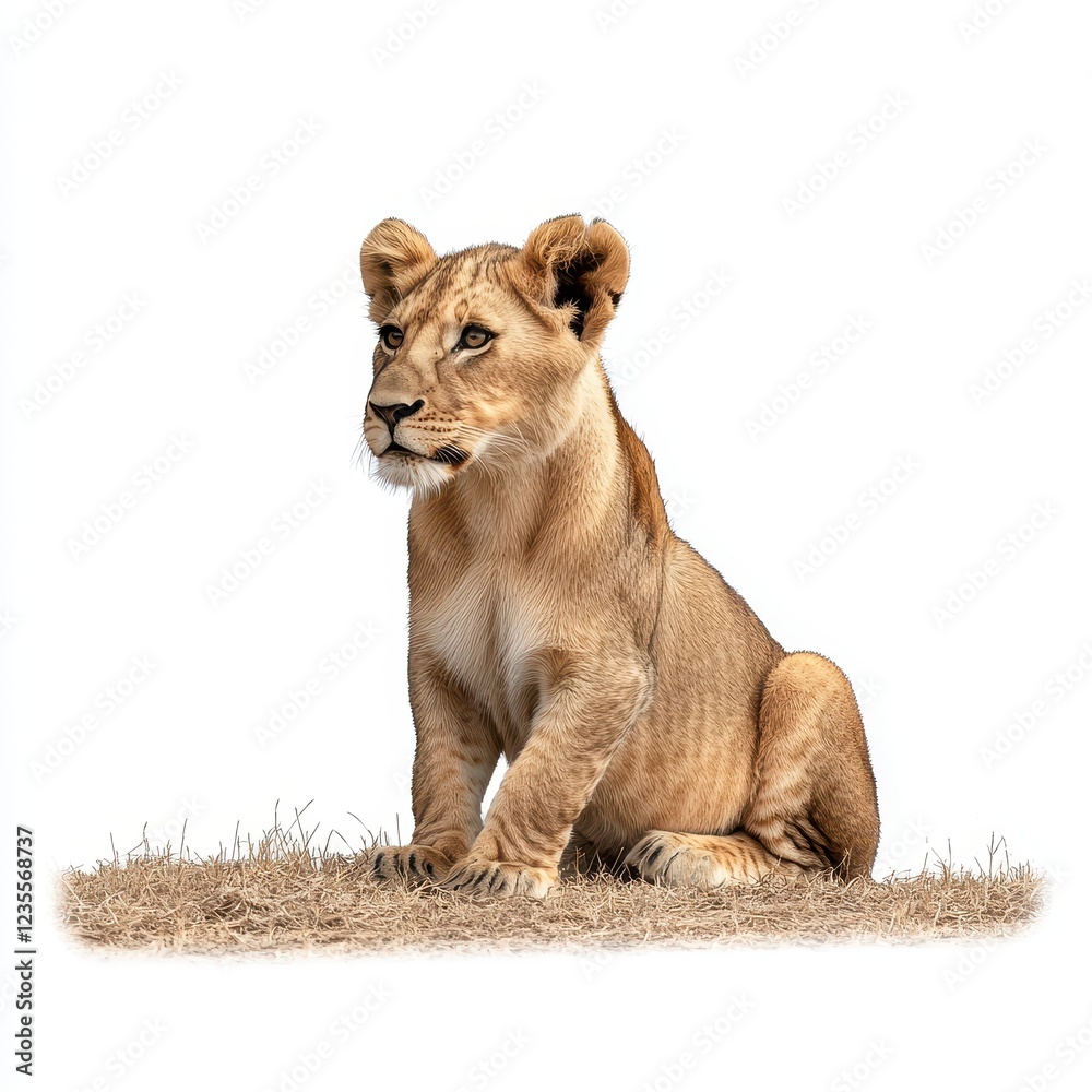 Obraz premium Young Lioness Sitting Gracefully on Dry Grass