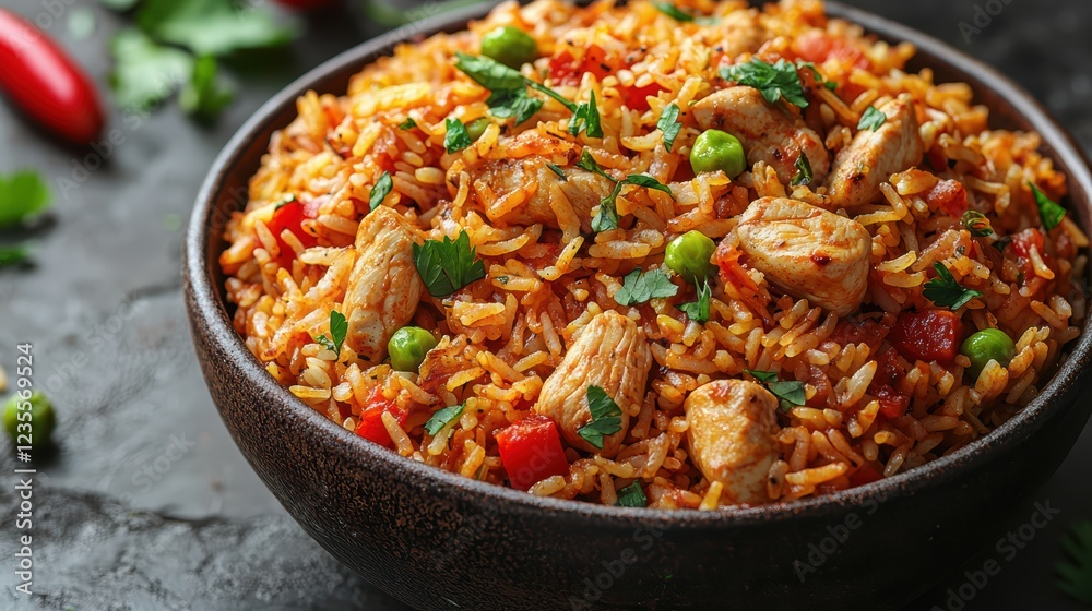 Colorful and fragrant chicken biryani with a blend of spices, served hot in a bowl for a delicious meal. Colorful and fragrant chicken biryani with a blend of spices, served hot in a bowl for a delicious meal.