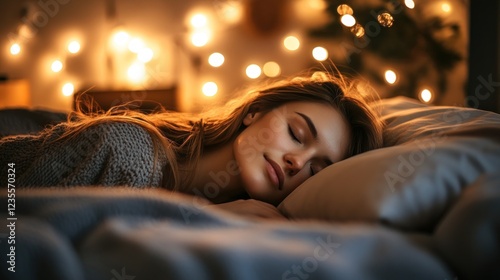 Woman sleeping peacefully in bed, cozy lights, holiday background; relaxation