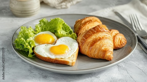 Heart-shaped eggs, croissant breakfast, romantic setting photo