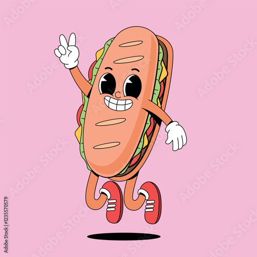 Jumping sandwich retro cartoon mascot