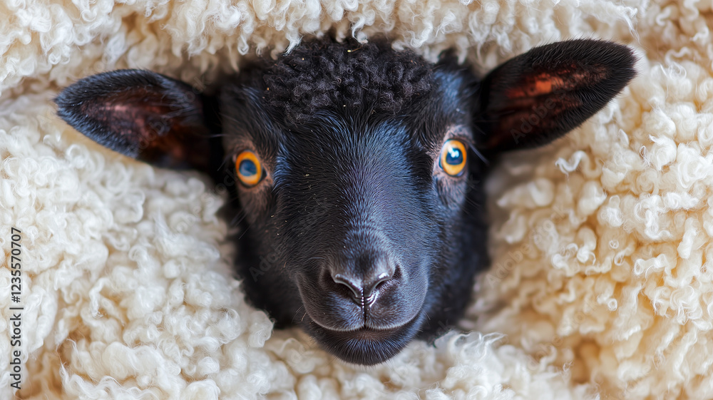 Naklejka premium Black Lamb Peeking Through White Wool
