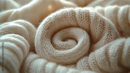 Rolled beige knitted fabric, close-up, texture for backgrounds, ads, or design projects