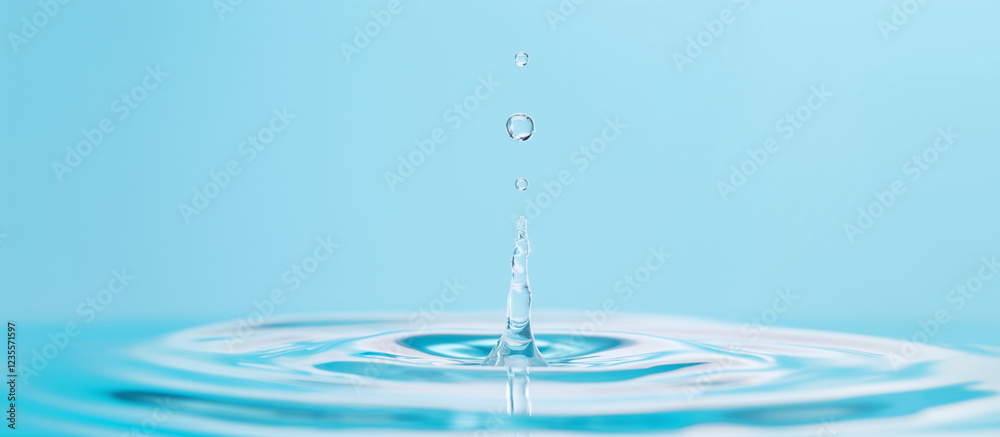 Water drops fall on the water surface and instantly form ripples and splashes