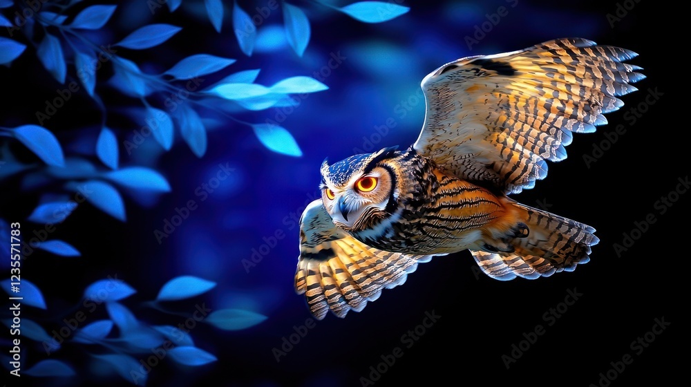 Fototapeta premium Brown and Gold Owl in Flight at Night Surrounded by Blue Leaves