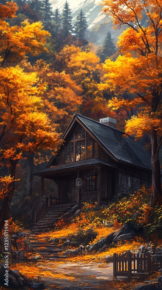 A cozy cabin surrounded by vibrant autumn foliage and mountains in a serene landscape. A cozy cabin surrounded by vibrant autumn foliage and mountains in a serene landscape.