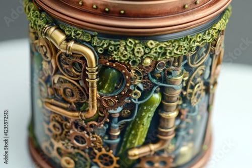Intricate Steampunk Jar with Mechanical Gears and Pipes