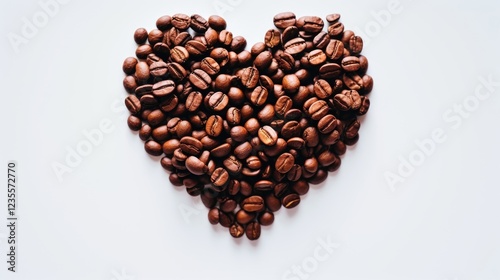 Heart-shaped arrangement of roasted coffee beans on a clean white background (1)