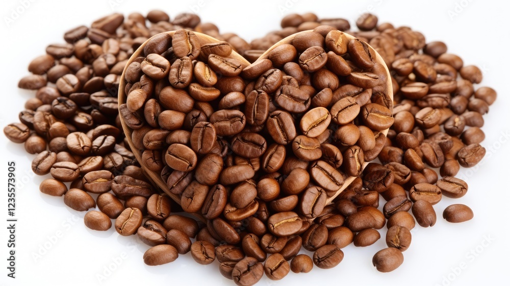 Heart-shaped arrangement of coffee beans on a white background, creating a warm atmosphere Heart-shaped arrangement of coffee beans on a white background, creating a warm atmosphere