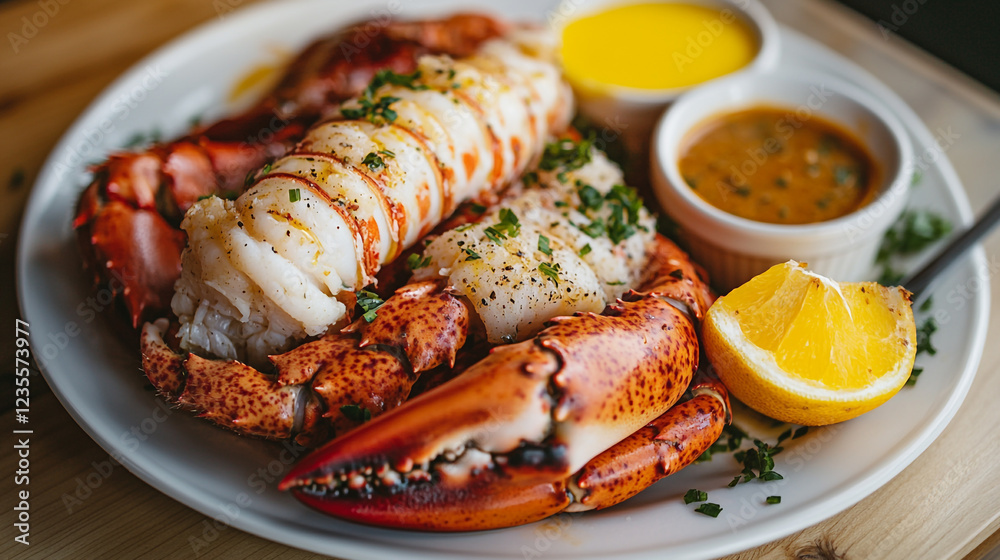 Delicious Grilled Lobster Tail with Lemon and Sauce Gourmet Seafood Dish Appetizer Restaurant Food Delicious Grilled Lobster Tail with Lemon and Sauce Gourmet Seafood Dish Appetizer Restaurant Food