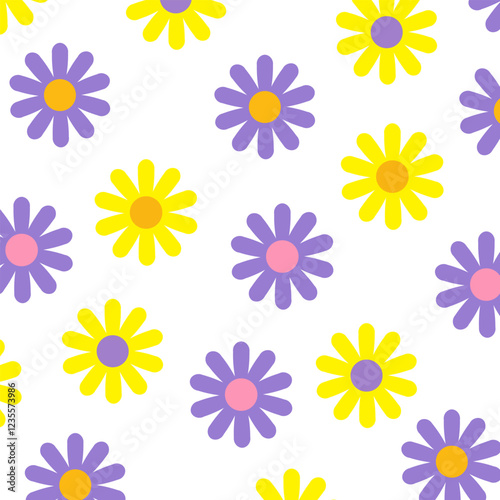 Y2K seamless pattern with chic daisies. Cool retro style vector background. Purple, pink, yellow and green. Funny cute pattern texture for surface design.