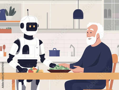 Wallpaper Mural A caregiver robot cooking for an elderly man in a kitchen. futuristic caregiving, home assistant concept Torontodigital.ca