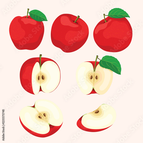 Fruit, Red Apples, Tropical Fruits, Set of Vector Illustrations