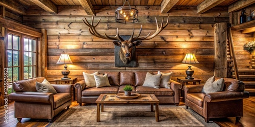 Cozy western-themed living room with a mounted moose head on the wall featuring rustic wooden furniture and earthy tones, cabin feel, natural elements photo