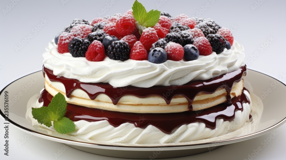 A beautifully layered cake topped with fresh berries and mint leaves, set on a white plate A beautifully layered cake topped with fresh berries and mint leaves, set on a white plate