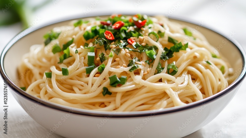 Delicious Sesame Noodles in Bowl, Closeup Shot Delicious Sesame Noodles in Bowl, Closeup Shot