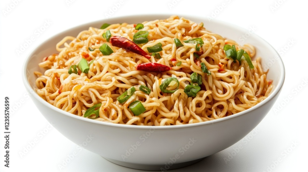 Spicy noodles bowl, delicious lunch, white background, food photography, recipe illustration Spicy noodles bowl, delicious lunch, white background, food photography, recipe illustration