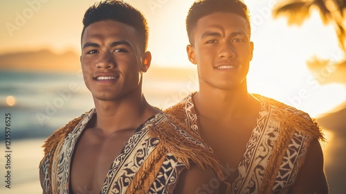 Traditional Samoan Twin Men Posing at Beach During Sunset photo