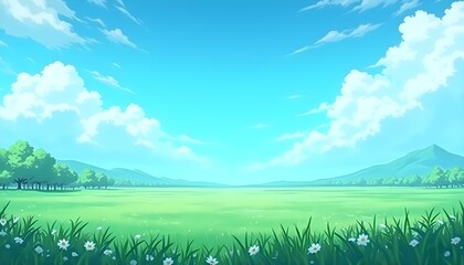 Leinwandbilder Türkis A wide-angle anime animation of a panoramic landscape with green clouds in the sky, AI-generated  © Cici
