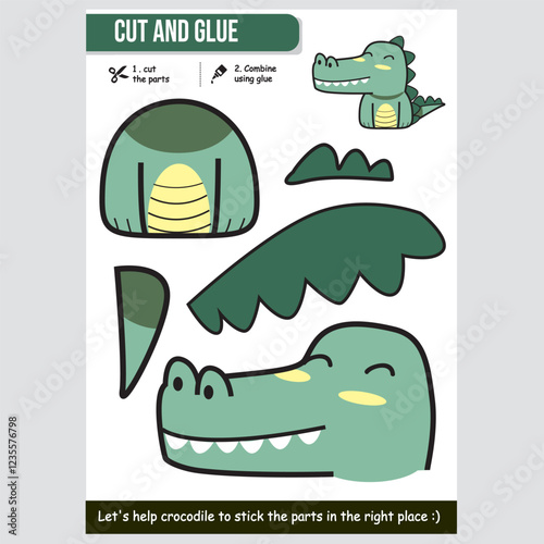 Fun crocodile cut and glue worksheet for children. Educational kids activity.
