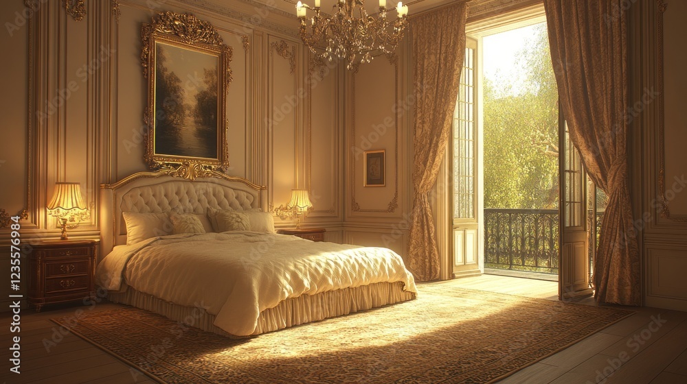 Fototapeta premium Sunlit luxury bedroom with ornate details, large bed, and French doors opening to a balcony.