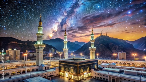 The Kaaba's exterior glows with a soft, ethereal light under a starry night sky with no visible clouds, surrounded by tall mountains in Saudi Arabia, illuminated building, sacred monument