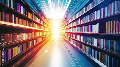 Vibrant library interior with illuminated aisles and colorful shelves showcasing a vast collection of books