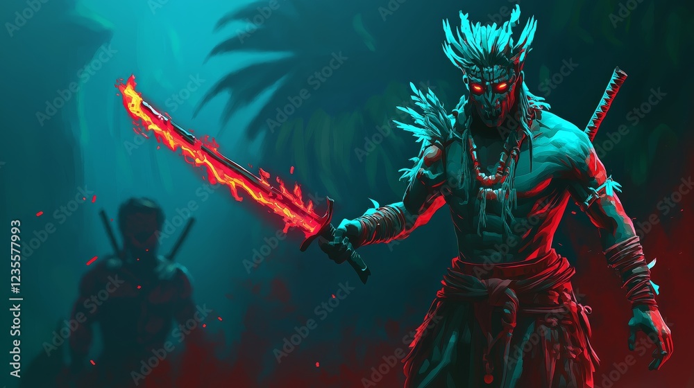 Fototapeta premium Fiery Sword Warrior Digital Art