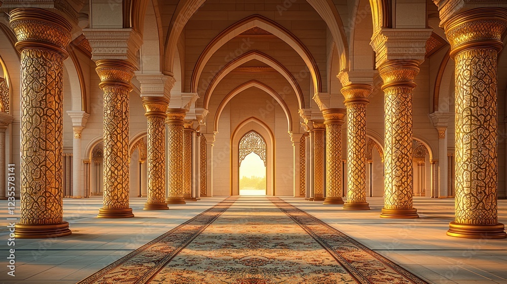 Obraz premium Grand mosque interior with ornate columns, arches, carpet, and sunset light