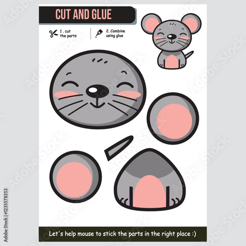 Fun mouse cut and glue worksheet for children. Educational kids activity.
