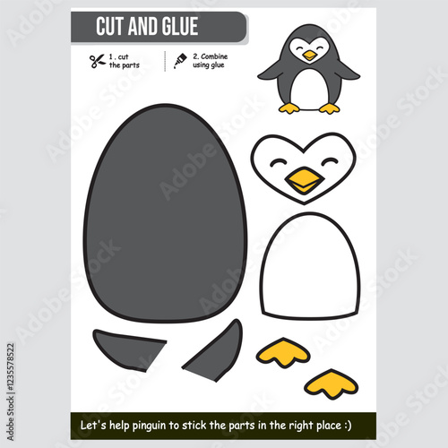 Fun penguin cut and glue worksheet for children. Educational kids activity.
