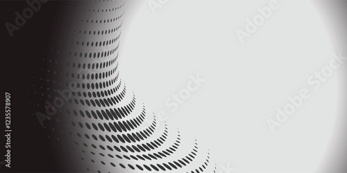 Black dot circle texture white wall background wide banner format with copy space for text. Circular black and white texture