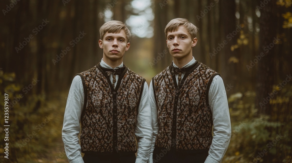 Twin Men in Traditional Estonian Woolen Vests in Forest Setting Twin Men in Traditional Estonian Woolen Vests in Forest Setting