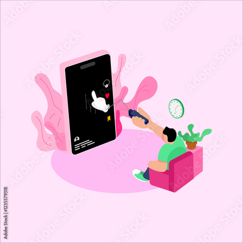 Nowadays, the entertainment program that never gets boring when watching is playing with a cellphone every day until you are tired, 2D vector character illustration