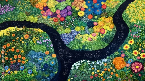 Vibrant Floral Landscape with Lush Colors and Flowing Waterway