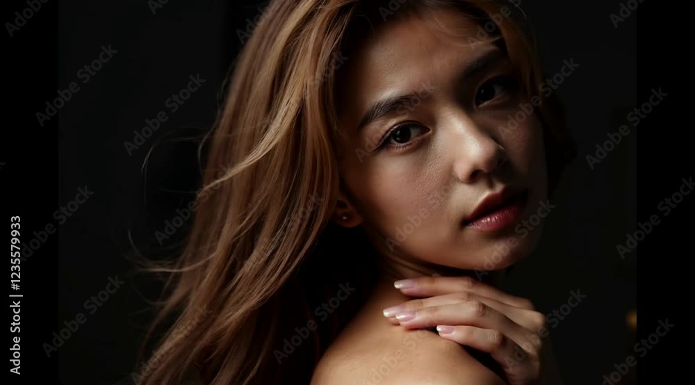 a beauty model is smiling and waving her flawless brunette hair with dramatically shoots at studio with elegant mood and tone environment a beauty model is smiling and waving her flawless brunette hair with dramatically shoots at studio with elegant mood and tone environment