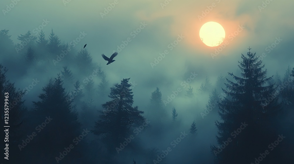 Fototapeta premium Misty forest sunrise with birds in flight.