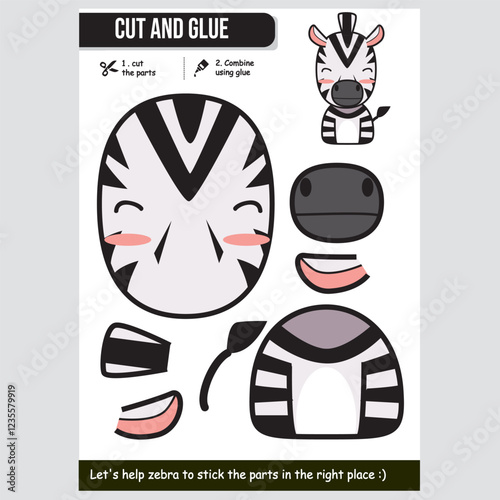 Zebra cut and glue educational worksheet for kids with vector illustration design
