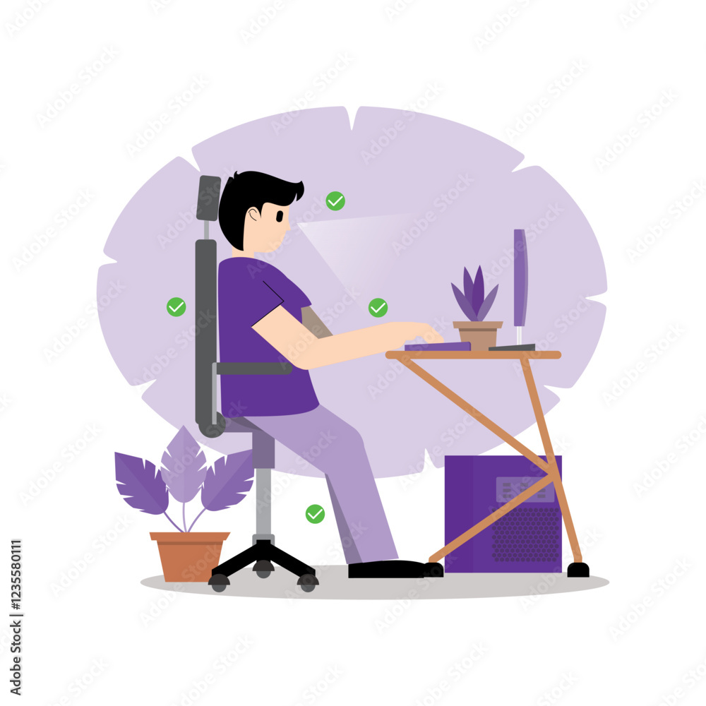 Fototapeta premium Vector illustration of how to work in front of a computer properly and orderly