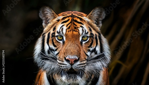 Majestic Tiger Portrait Wild Cat, Powerful Predator, Orange Stripes, Intense Gaze, Feline Beauty, Na photo